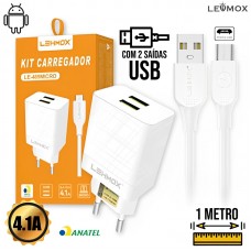 Kit Carregador 2 USB + Cabo V8 1m LE-489 Lehmox - Branco